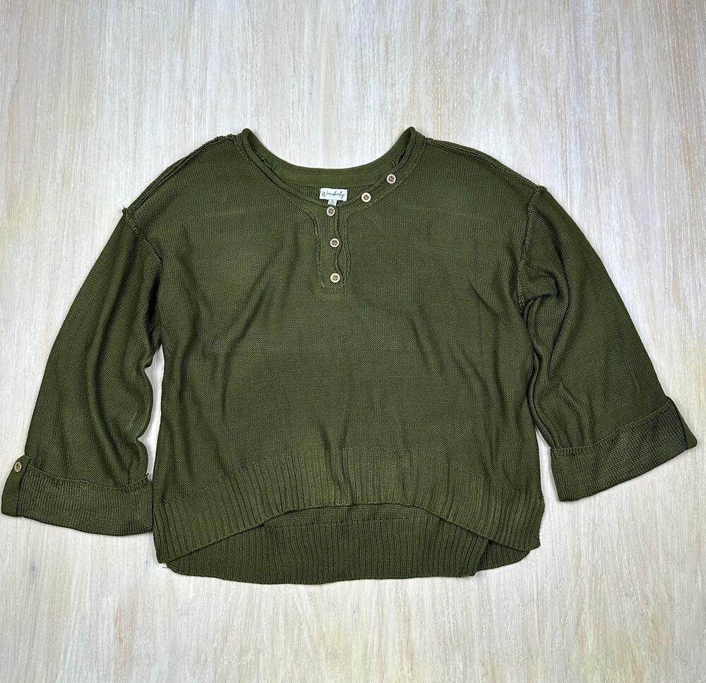 NWT Wonderly Fall Olive Drop Shoulder Henley Neck Rib Knit Pullover Sweater XL